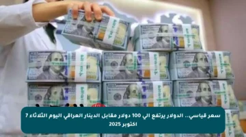 سعر قياسي.. الدولار يرتفع إلى 100 دولار مقابل الدينار العراقي اليوم الثلاثاء 7 أكتوبر 2025